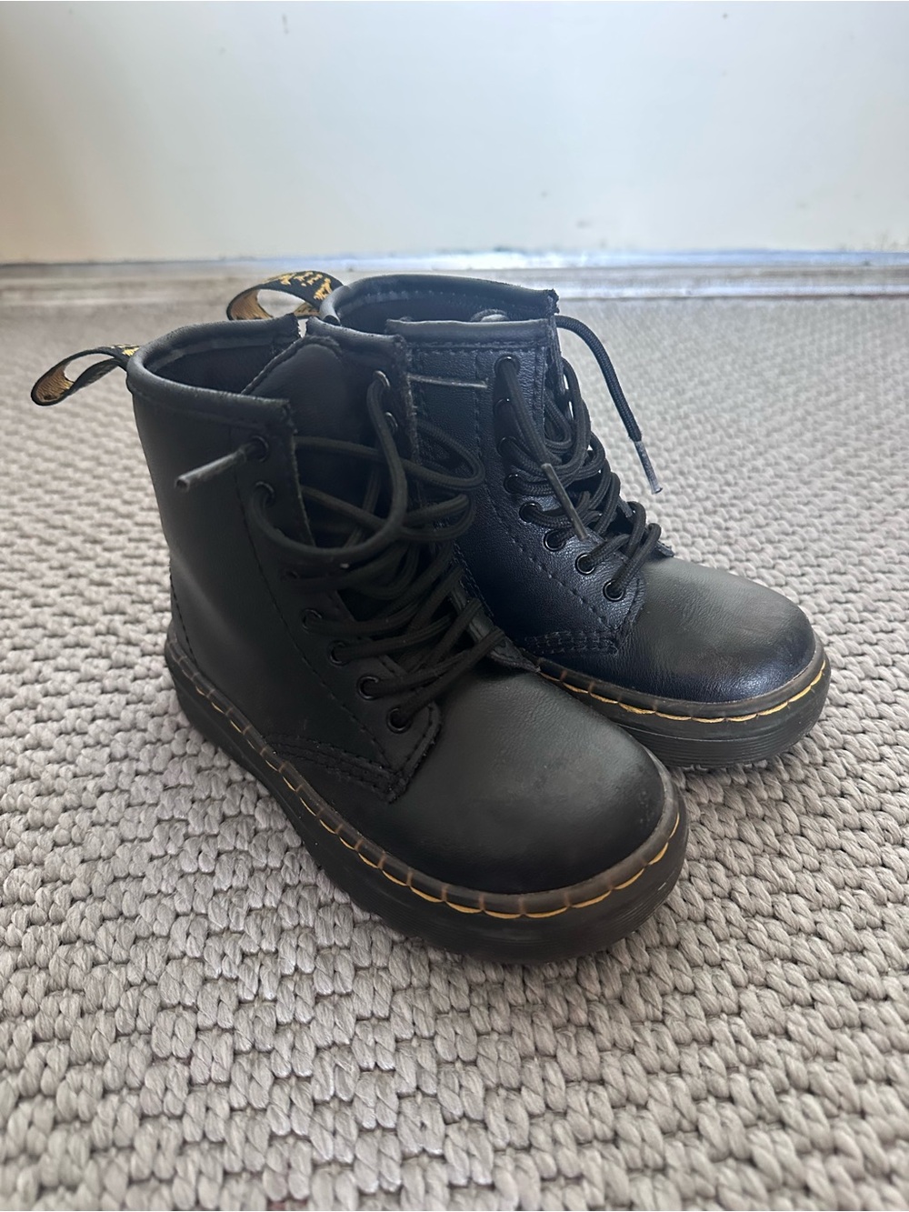 Dr. Martens Kids Black Lace-Up Ankle Boots with Yellow Stitching